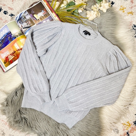 NWT Ann Taylor Soft Spun Cool Gray Balloon Sleeve Women’s Pointelle Sweater Sz M - Picture 10 of 13